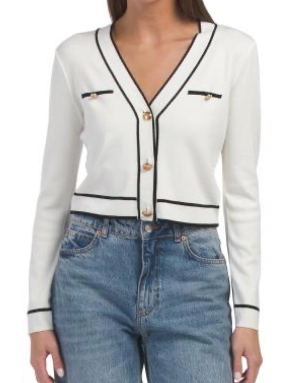 NVLT Striking V-Neck Cropped Knit Cardigan. Winter White W/Black Trim. Sz S NWT